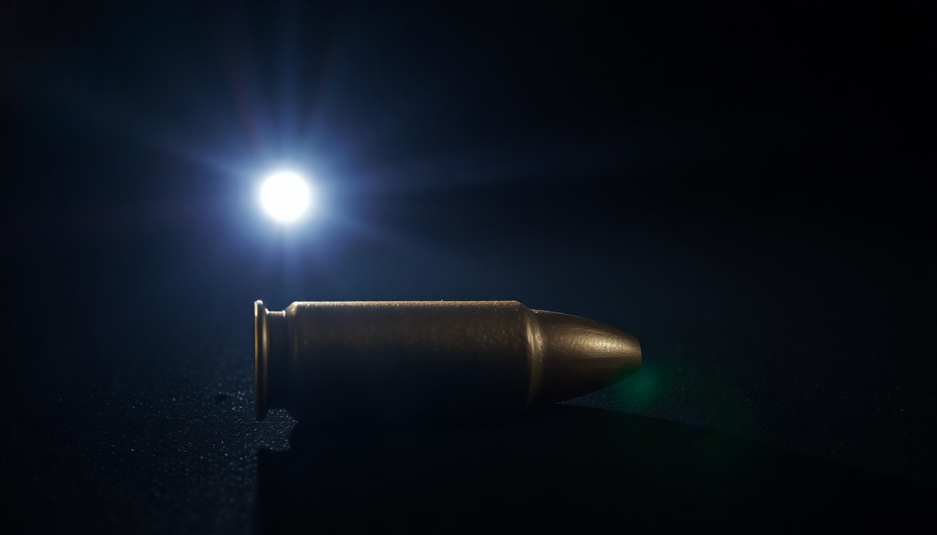 An extreme close-up of a spent shell casing on a dark, textured surface, lit by a harsh, direct camera flash, conceptually representing the evidence of a police shooting incident.