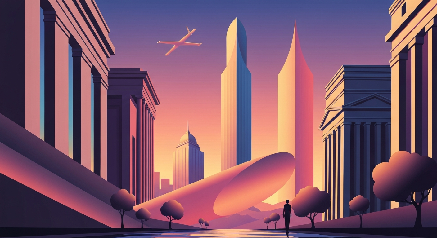 A highly stylized, geometric illustration depicting the sweeping lines and forced perspectives of an airport runway, capturing the grand scale and technical complexity of air travel without any literal depiction of people or objects.
