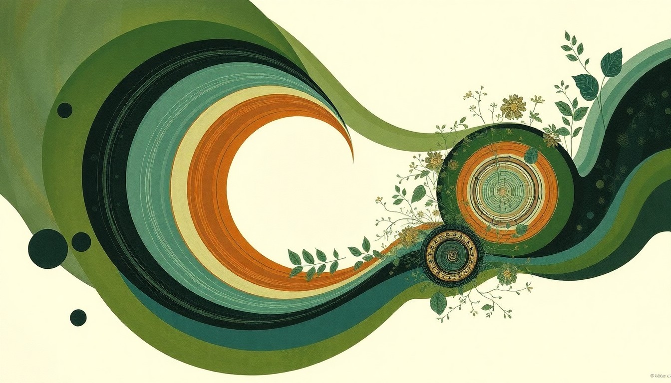 A highly textured abstract painting in muted shades of green, blue, and brown, featuring sweeping geometric arcs, concentric circular patterns, and precise botanical spirals, conceptually representing the complex natural cycles and ecological forces of a thriving creek ecosystem.