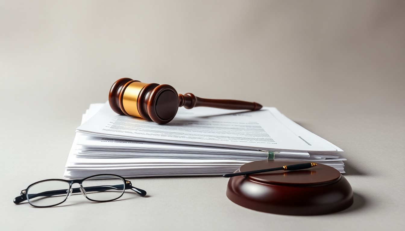 A high-end, photorealistic studio still-life photograph featuring a stack of legal documents, a gavel, and a pair of glasses arranged elegantly on a clean, monochromatic background, conceptually representing the legal expertise and trial-ready approach of CGH Injury Lawyers.
