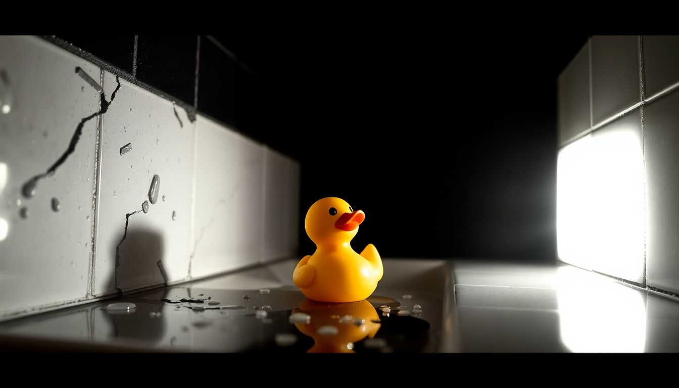 An extreme close-up photograph of a shattered bathroom tile, water droplets, and a single child's rubber duck, lit by a harsh, direct camera flash against a pitch-black background, conceptually representing the violence and trauma of a failed drowning attempt.