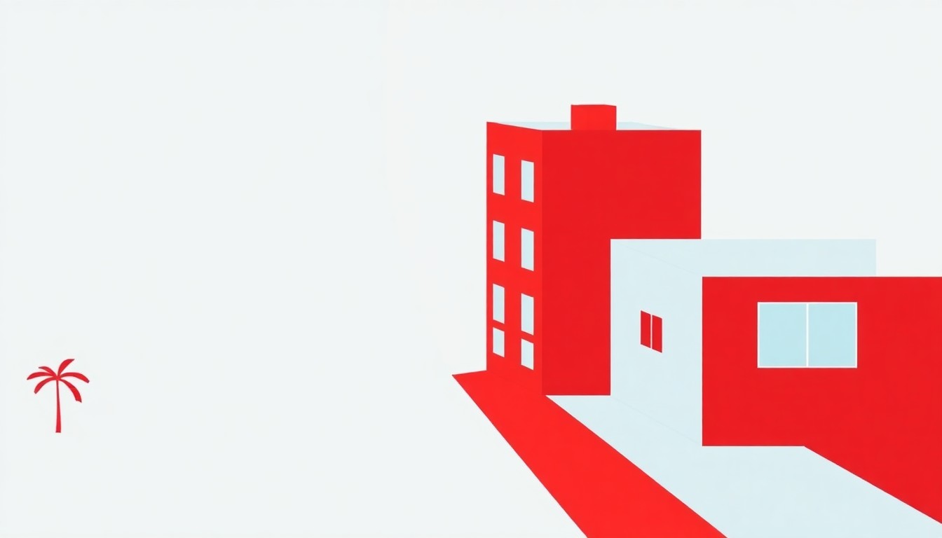 A bold, abstract illustration using only primary-colored geometric shapes to visually represent the disparity between Miami's high rental costs and the national average, without any text or identifiable elements.