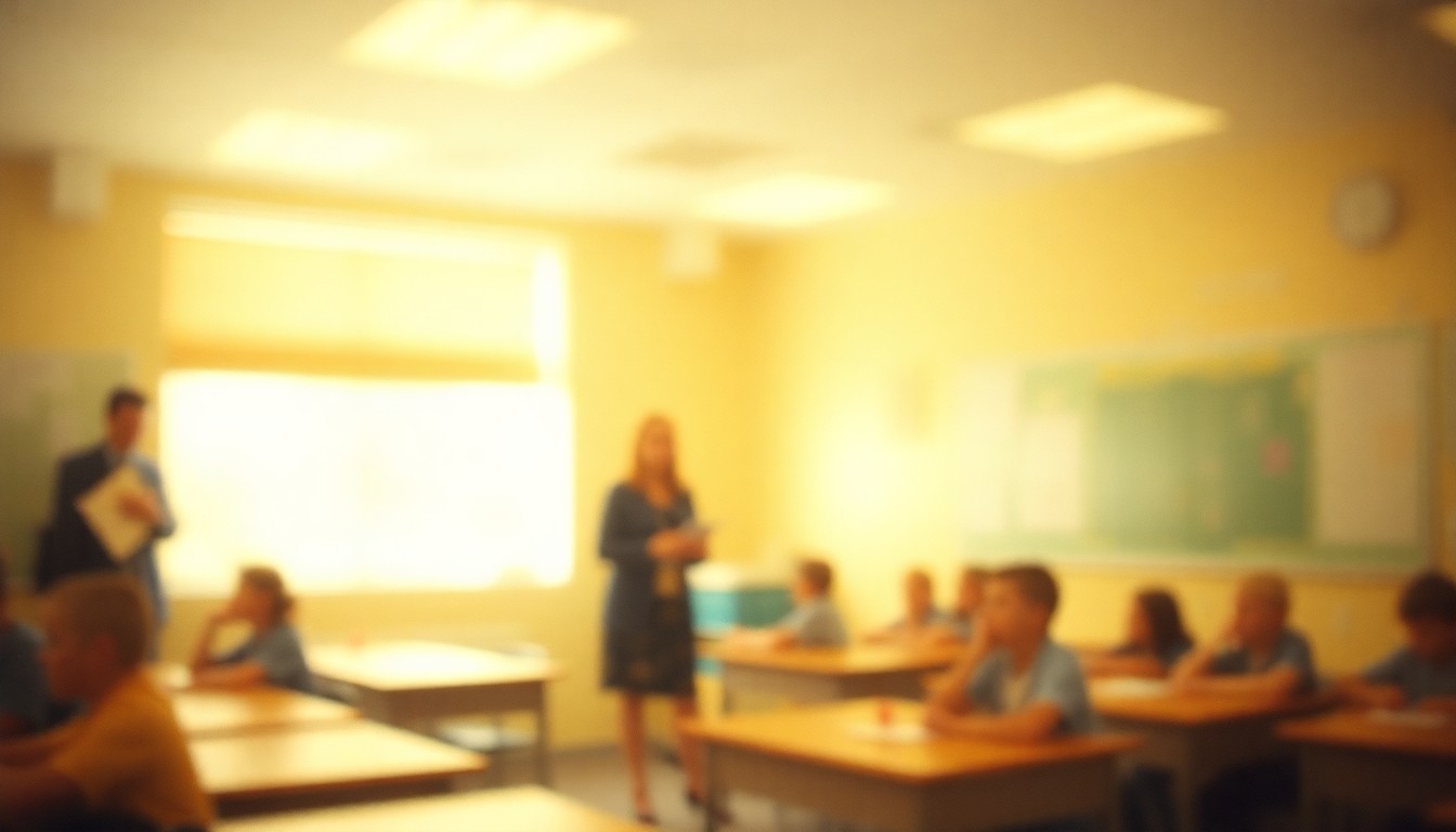 An abstract, impressionistic photograph of a blurred Catholic school classroom scene, with soft pools of warm light and color, conveying the emotional impact of the loss of critical educational resources for vulnerable students.