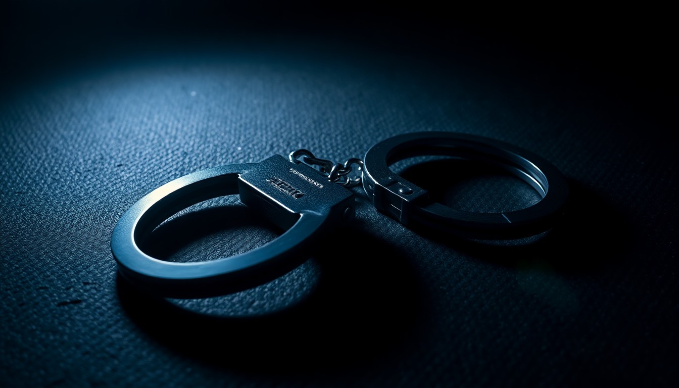 An extreme close-up photograph of a set of handcuffs lying on a dark, textured surface, conceptually representing the escape of a prisoner from custody.