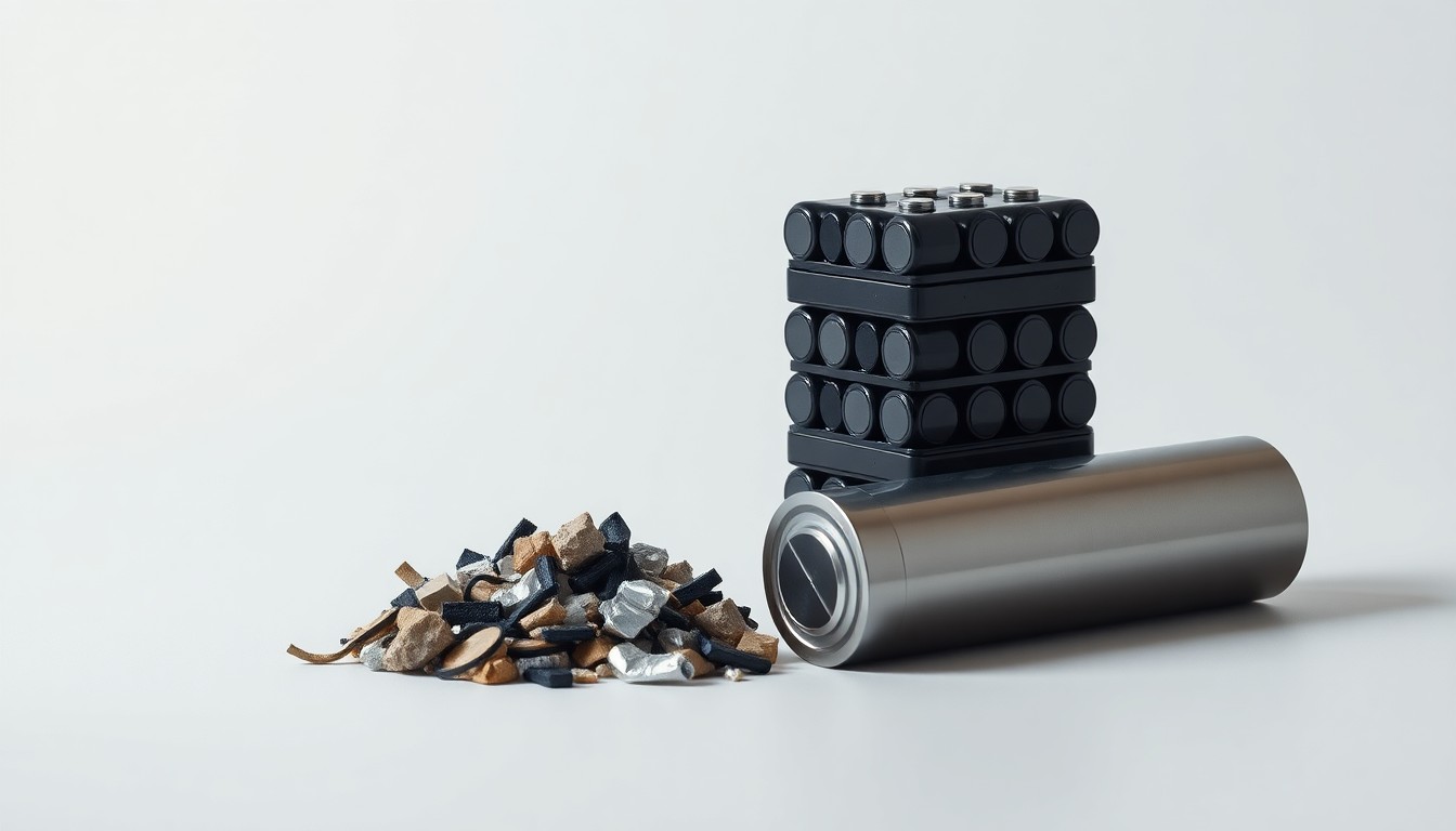 A high-end, photorealistic studio still-life photograph featuring a stack of lithium-ion battery cells, a small pile of recycled battery materials, and a sleek, metallic battery casing, all arranged elegantly on a clean, monochromatic background, conceptually representing the financial and operational challenges of battery recycling companies.