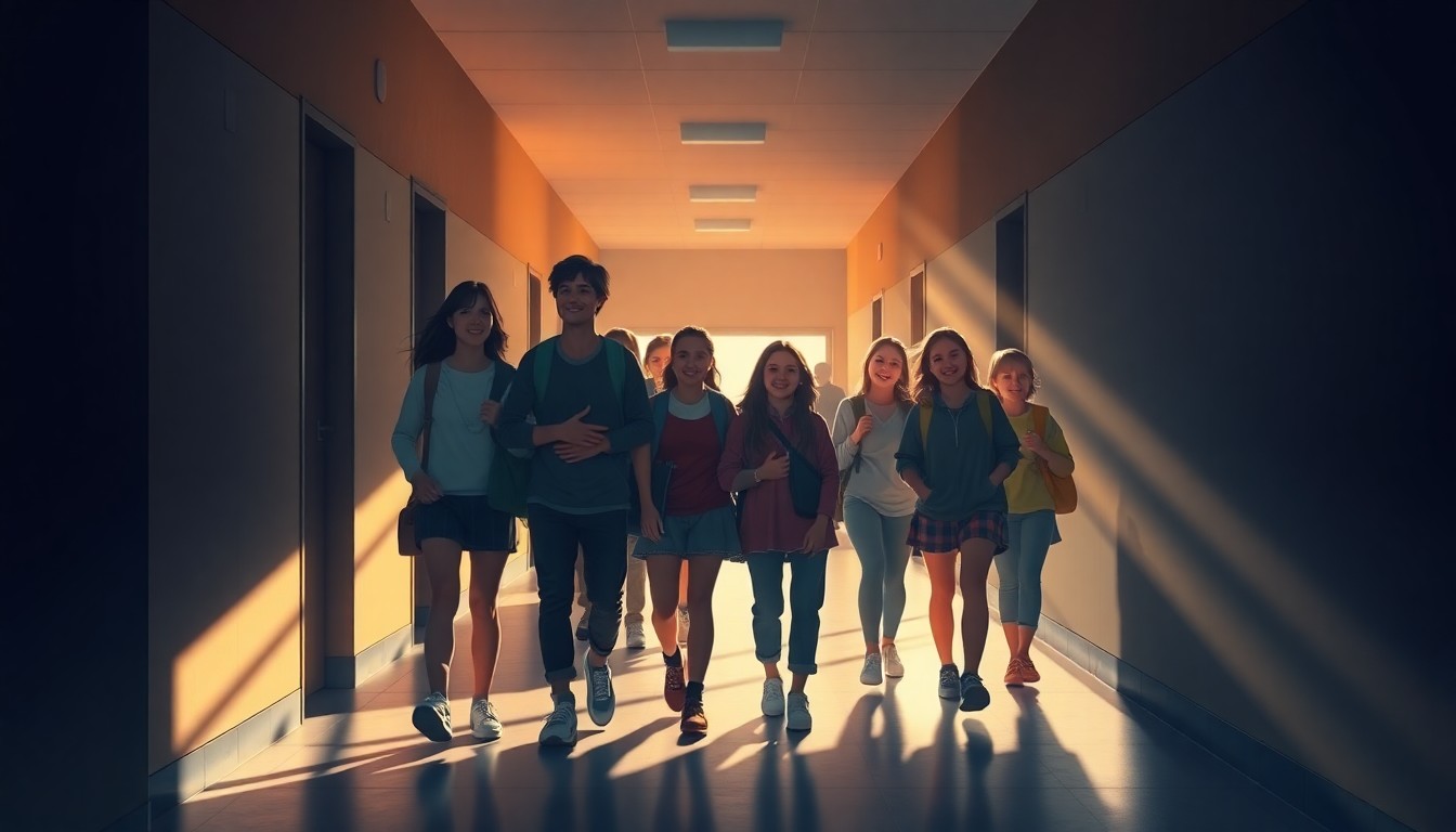 A cinematic painting depicting a group of students walking through a sunlit school hallway, embracing and smiling as they reunite after a period of virtual learning.