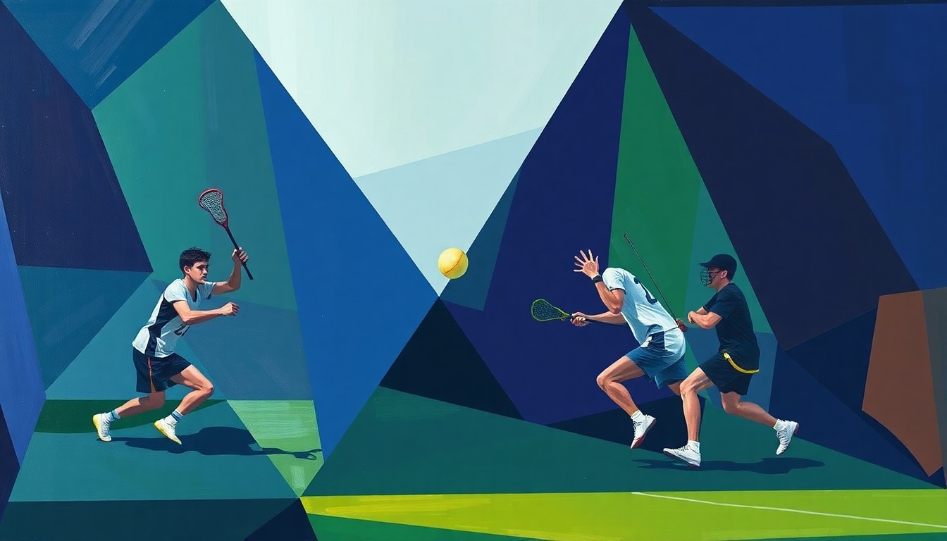 A fractured, cubist painting depicting the dynamic movements and action of a lacrosse game, with angular geometric shapes in shades of blue, green, and purple representing the players and ball.