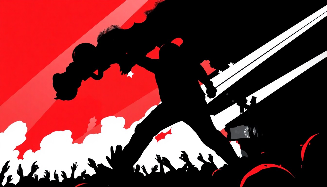 A dynamic, abstract composition of jagged black shapes and bold red and white colors, conveying the high-energy atmosphere of a major rap music event.