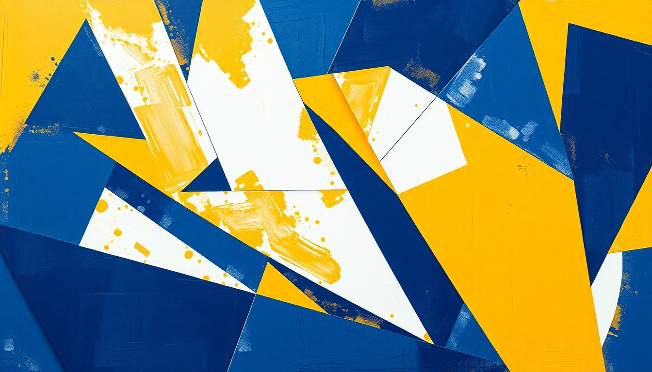 A cubist, geometric painting depicting a Neumann University sports event, with sharp, overlapping planes of navy blue, gold, and white capturing the dynamic energy of the game.