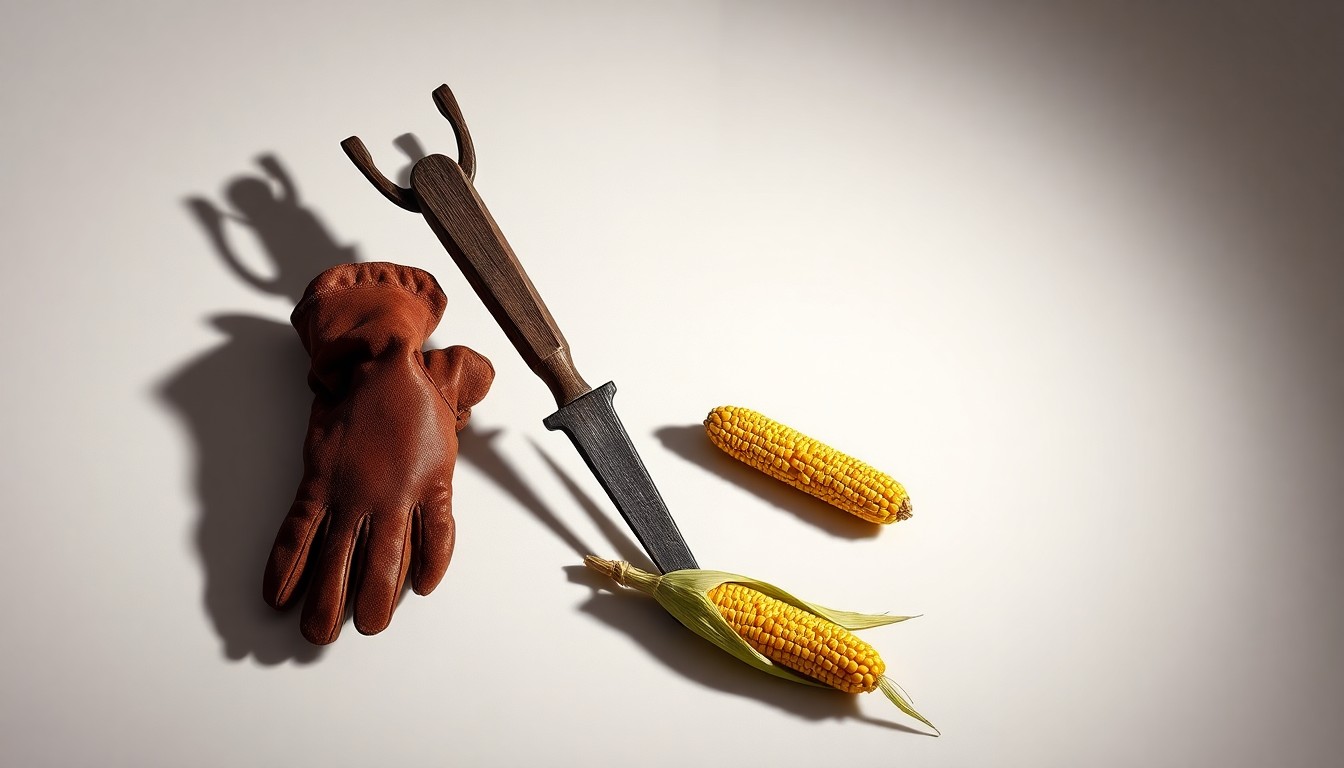 A high-end, photorealistic studio still-life featuring a weathered wooden plow, a worn leather work glove, and a single ear of golden corn, conceptually representing the timeless values and resilience of multi-generational family farms in Minnesota.