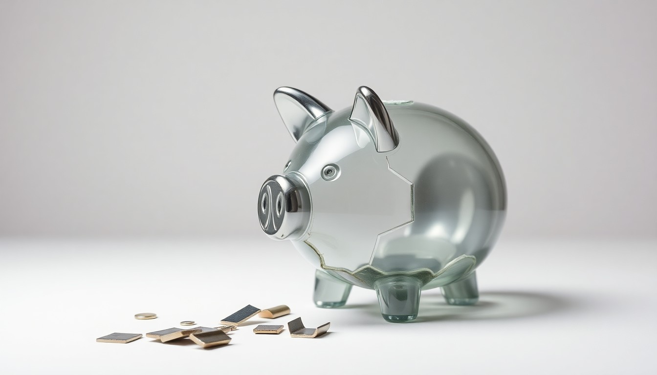 A high-end, photorealistic studio still-life photograph showing the shattered remains of a glass and metal piggy bank, representing the financial impact of new taxes and regulations on New Jersey businesses.