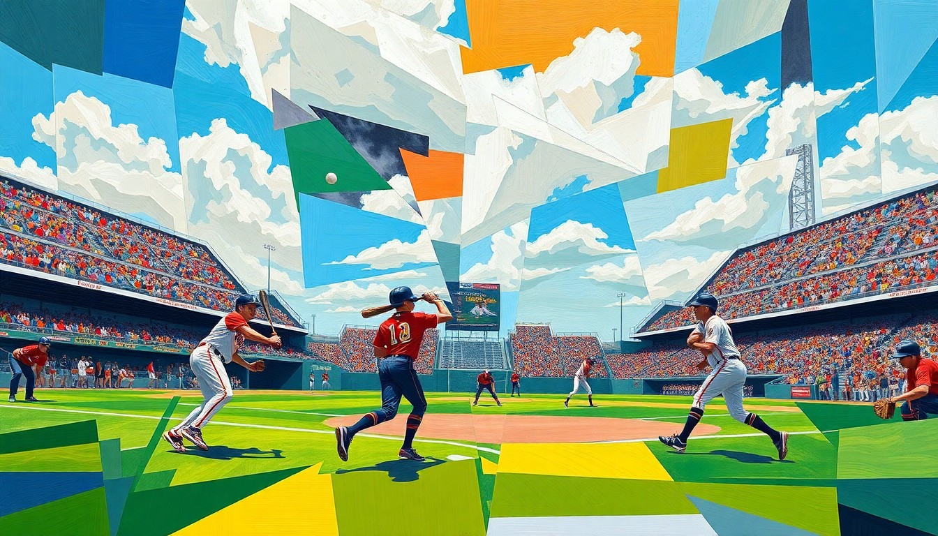 A cubist-style painting depicting the dynamic action of a high school softball game, with players, bats, and balls fractured into overlapping geometric shapes and planes of bright, vibrant colors.