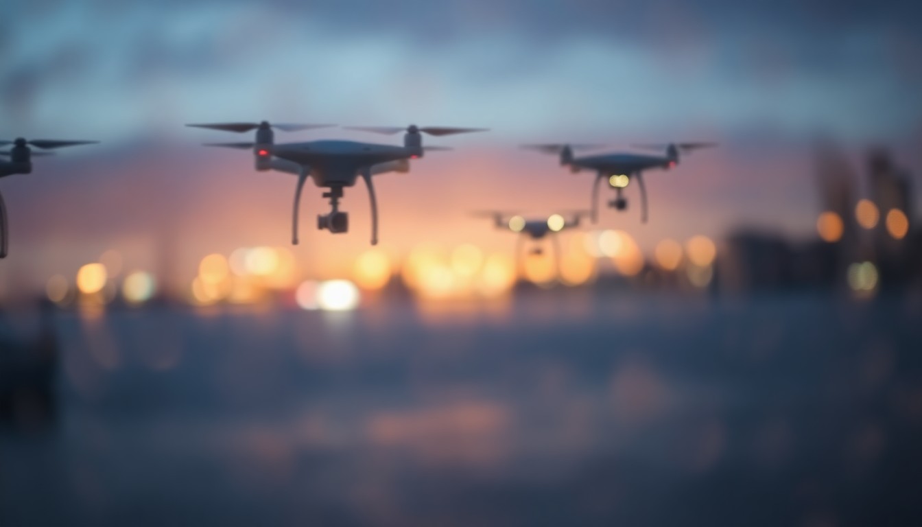 An abstract, impressionistic scene of illuminated drones floating above the waters of Mission Bay at night, with soft, diffused pools of warm pastel colors and light creating an ethereal, dreamlike atmosphere.
