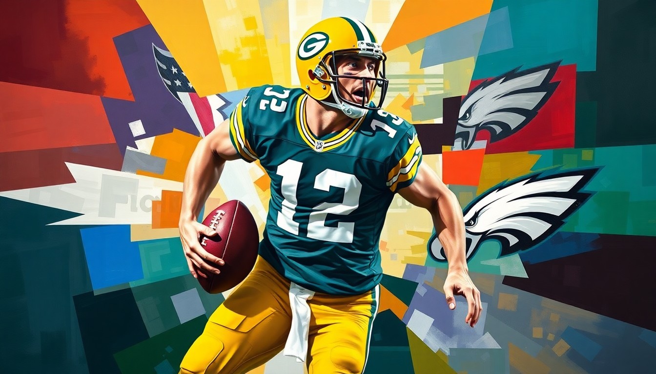 A fragmented, geometric painting depicting a football player in motion, with sharp planes of green, gold, white, and midnight green representing the Packers and Eagles uniforms.