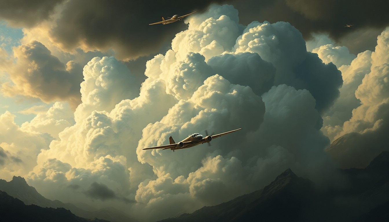 A sweeping, atmospheric landscape painting in muted tones, with a small experimental plane barely visible amidst the dramatic, turbulent sky filled with heavy clouds and ominous lighting, conveying the overwhelming power of nature.