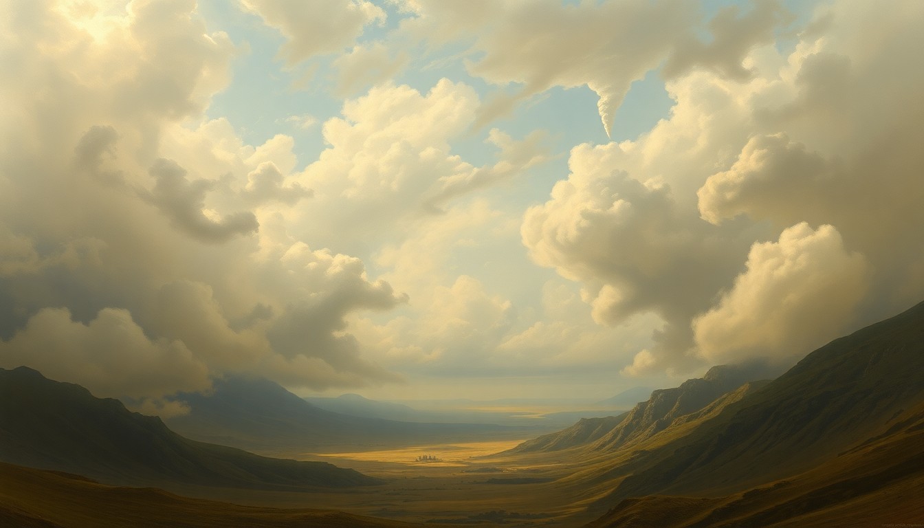 A vast, atmospheric landscape painting in muted tones of gray, blue, and green, with a dramatic, hazy sky filled with swirling clouds and a faint, distant funnel cloud formation on the horizon, conveying the overwhelming scale and power of the natural world.
