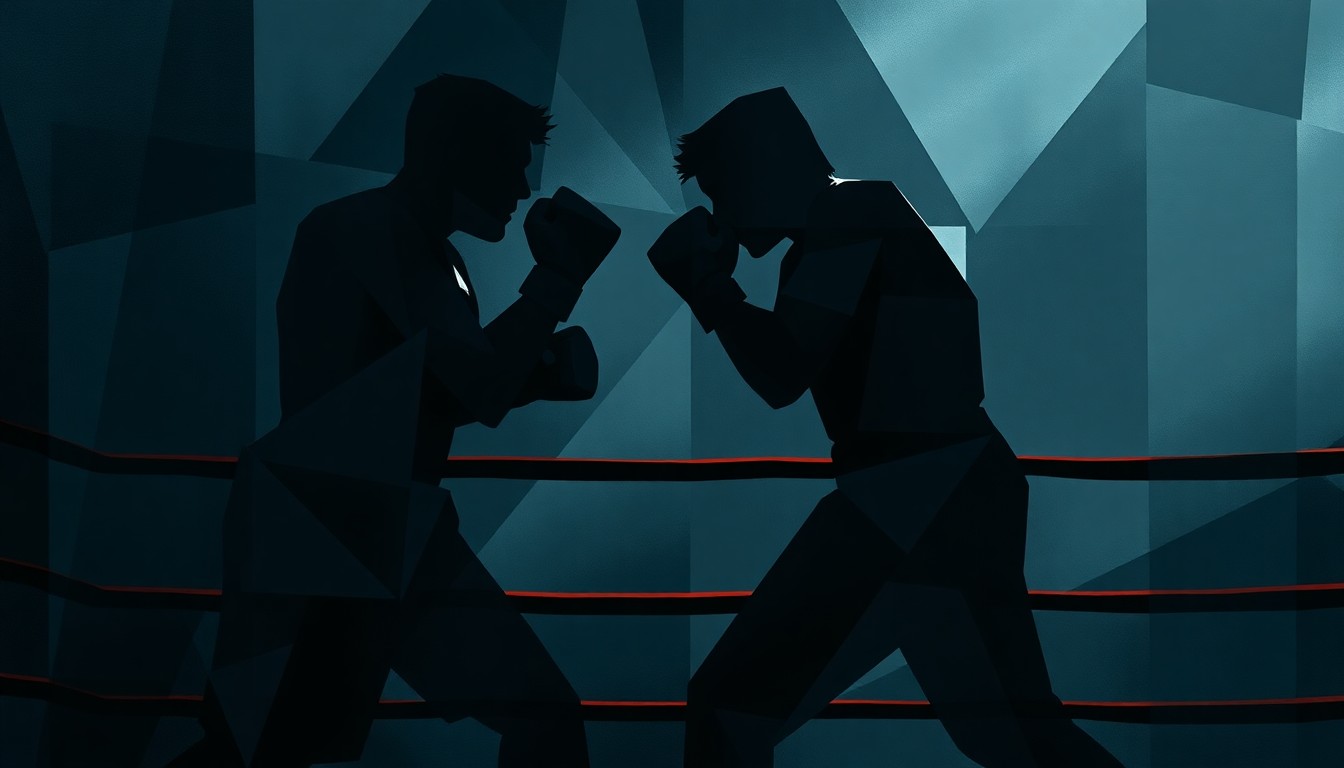 A dynamic, abstract painting featuring overlapping, fractured geometric shapes in shades of black, grey, and blue, conveying the sense of movement and confrontation without depicting any specific individuals.