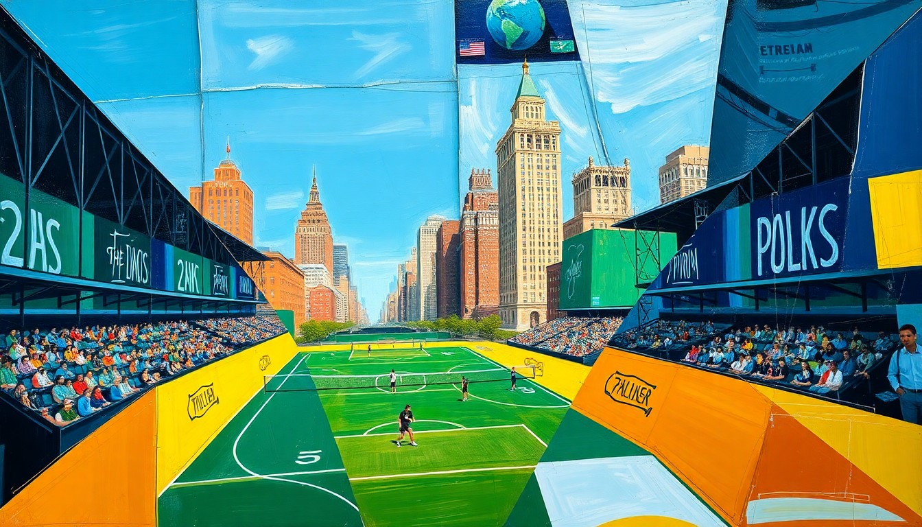 A fractured, multi-perspective painting using sharp, overlapping geometric planes in vibrant colors to depict various spring sports activities and competitions taking place in Manhattan.