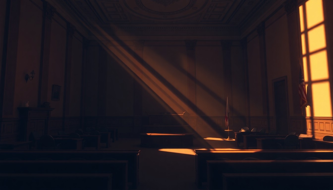 A dimly lit, cinematic government office or legislative chamber, with sunlight streaming in through the windows and creating deep shadows across the empty desks and chairs, conveying a sense of political unease and uncertainty.