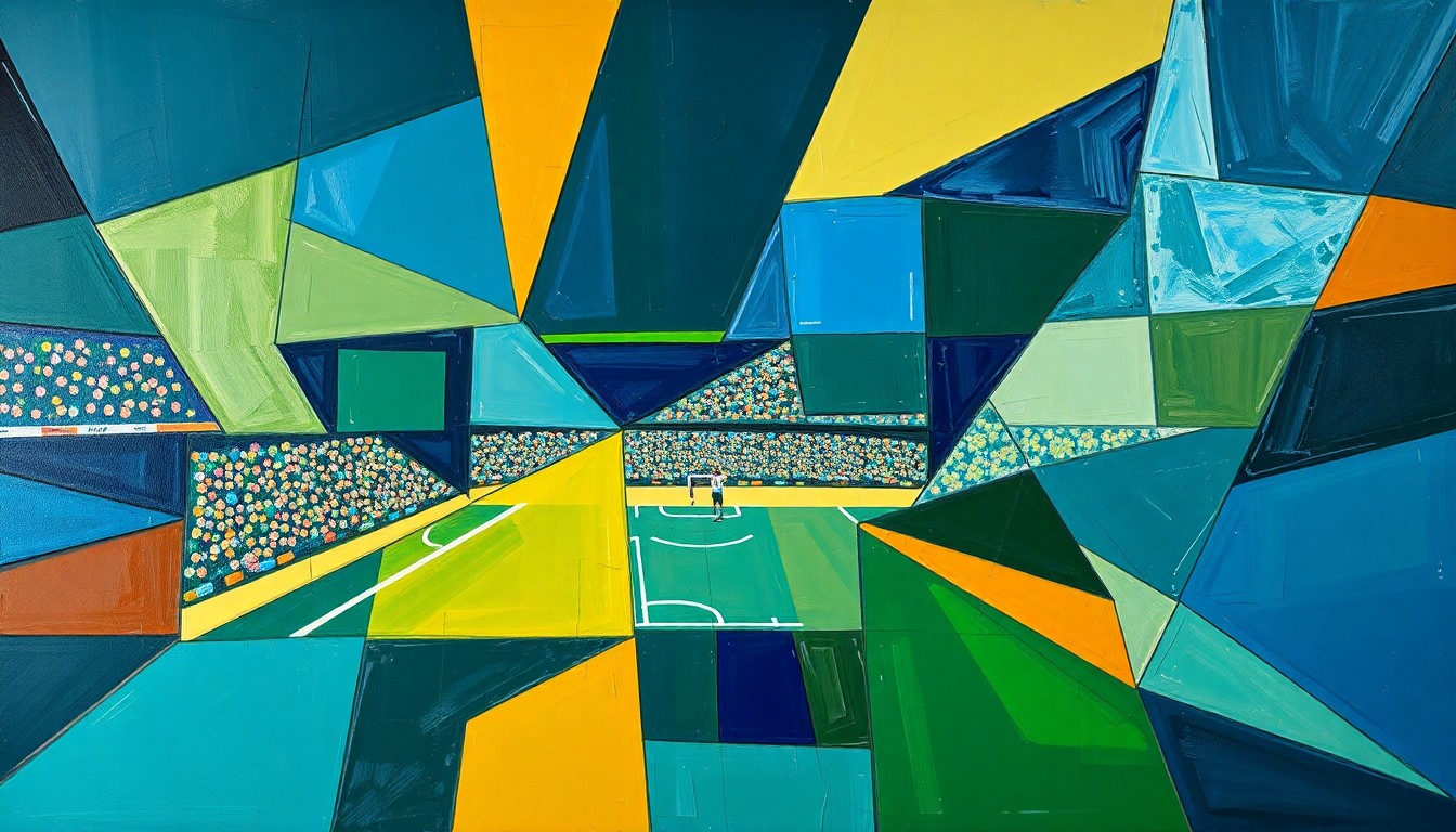 A cubist-style painting featuring overlapping geometric shapes and planes in shades of blue, green, and brown, conceptually representing the ups and downs of a quarterback's career.