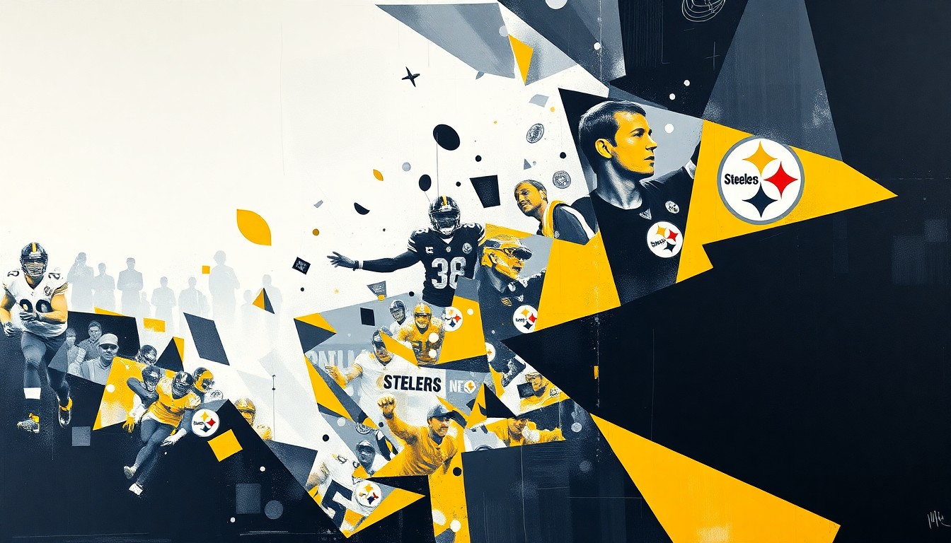 A fragmented, geometric painting in the style of Pablo Picasso, using sharp planes of black, gold, and white to abstractly represent a football game or NFL draft event, with no recognizable figures or text.