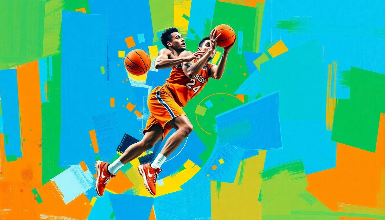 A cubist-style painting depicting a college basketball player in motion, with their movements fragmented and deconstructed into sharp, overlapping geometric shapes in vibrant colors.