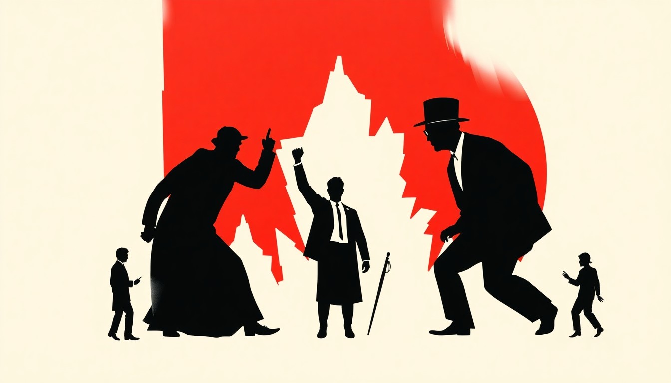 A bold, abstract composition of stark geometric shapes and heavy black silhouettes in high-contrast red and white, conceptually representing the themes of political satire, theatrical desecration, and the deconstruction of American cultural narratives.