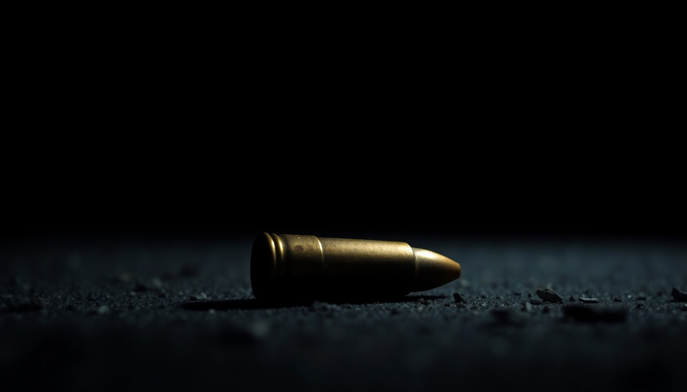 An extreme close-up photograph of a spent bullet casing on the ground, lit by a harsh, direct camera flash against a pitch-black background, conveying a stark, gritty, investigative aesthetic.