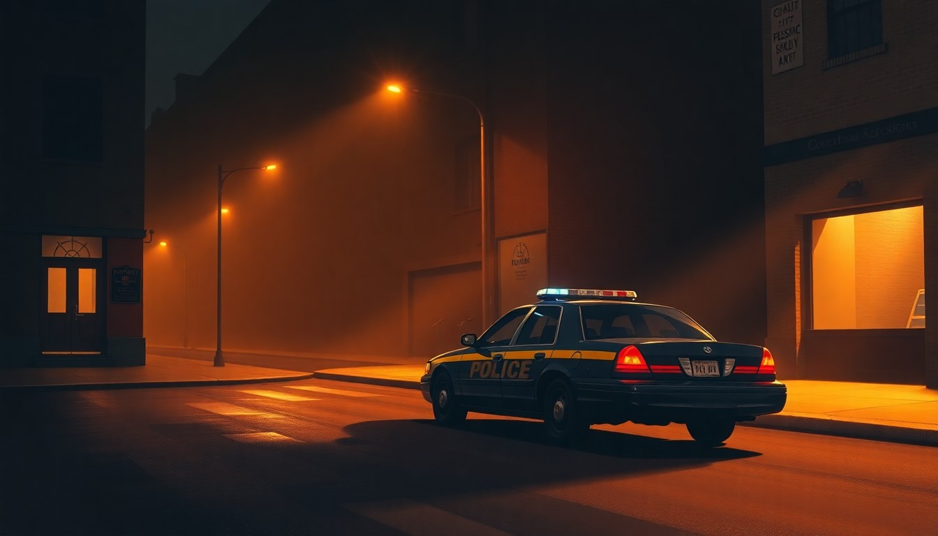 A photorealistic painting of a lone police car parked on a shadowy urban street, with warm sunlight casting dramatic diagonal shadows across the scene, conveying a sense of quiet contemplation and civic responsibility.