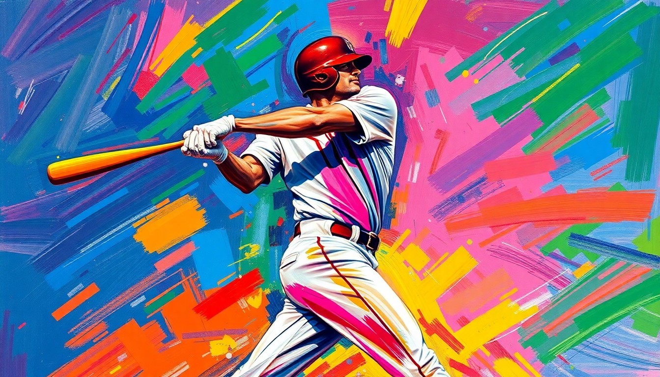 An abstract, expressionistic painting in bright neon colors depicting the dynamic motion and power of a baseball player swinging a bat, conceptually representing the unexpected technical issue that occurred during the statue unveiling ceremony.