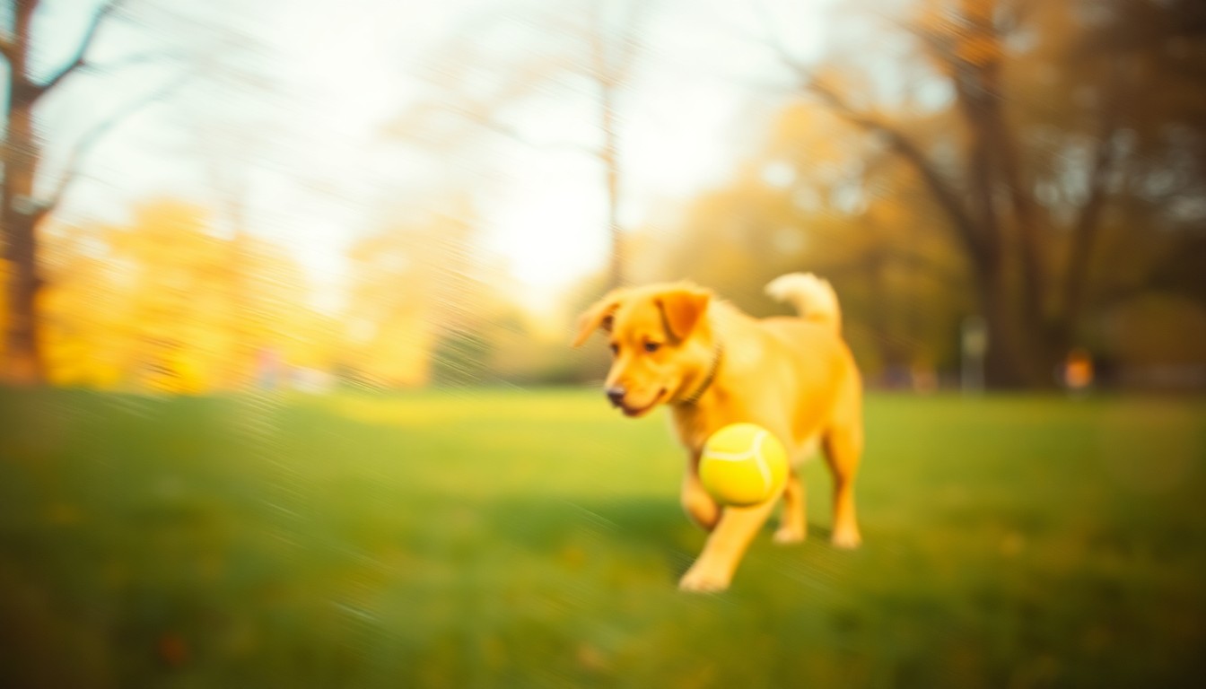 An abstract, out-of-focus photograph showing the blurred silhouette of a dog playing with a tennis ball in a grassy park, captured in a warm, soft-focus style that evokes a sense of joy and community.