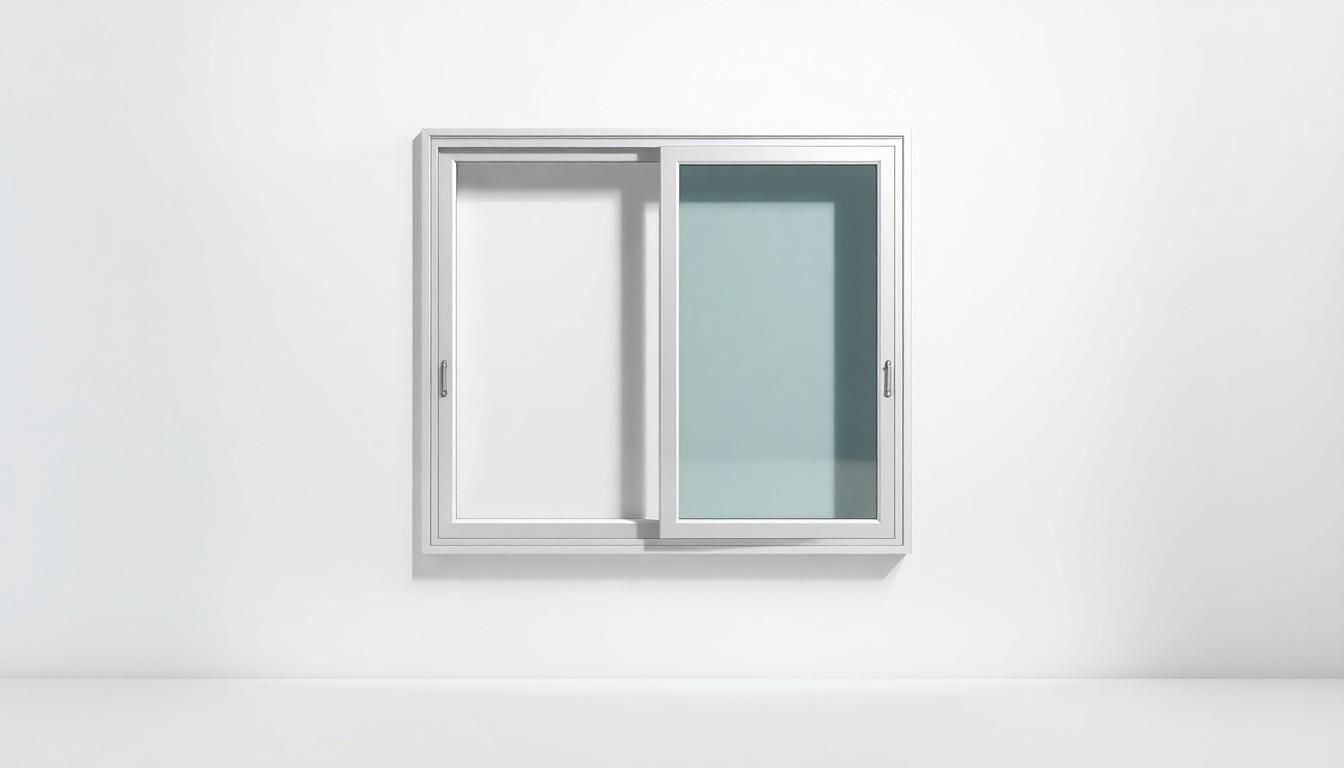 A photorealistic studio still life of a sleek, modern window frame made of polished aluminum and tempered glass, floating on a clean, monochromatic background and dramatically lit to showcase its engineering precision and performance.