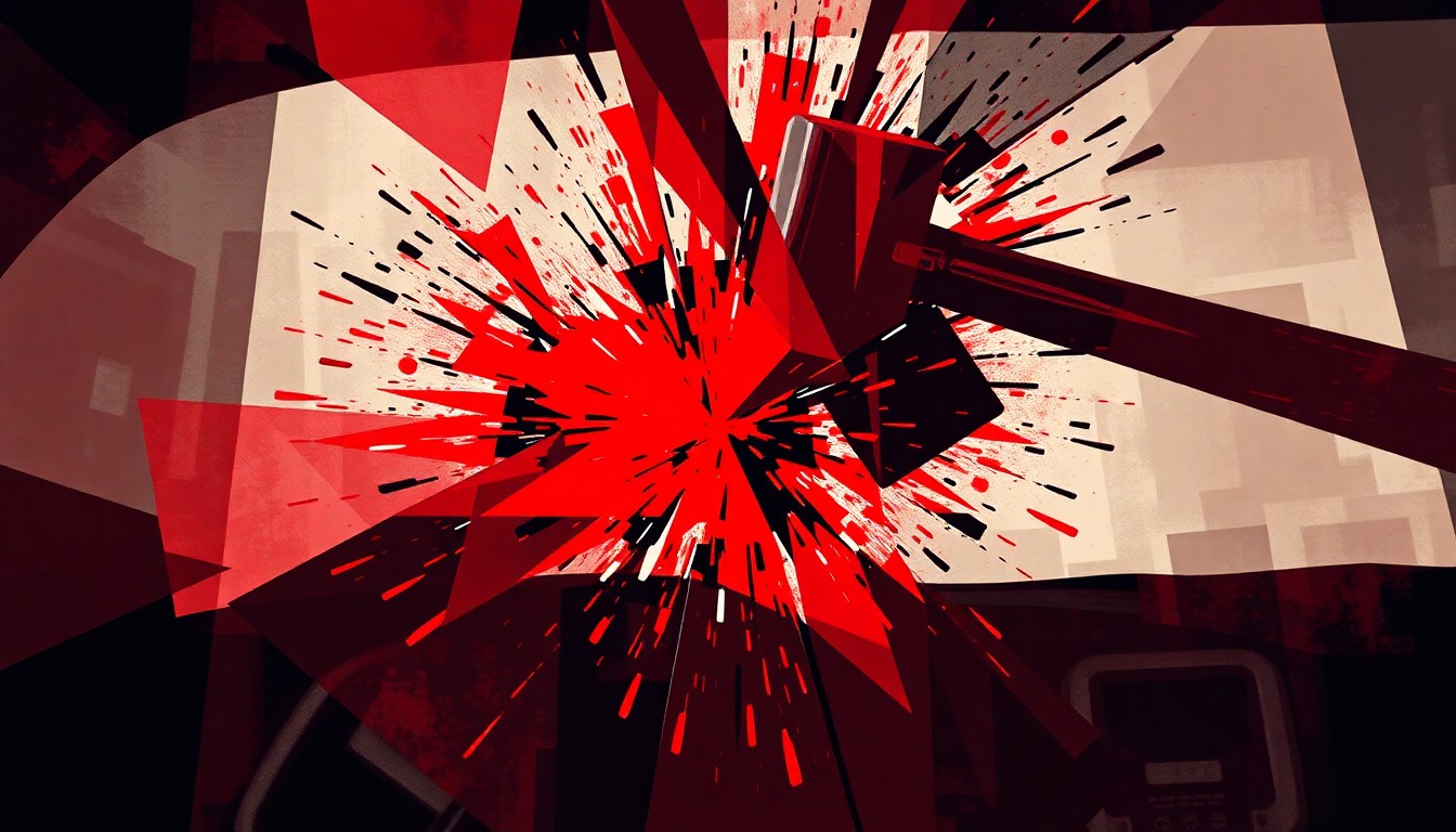 A conceptual illustration featuring overlapping, fractured geometric shapes in shades of red and black, representing the violent attack with a hammer on a car windshield.