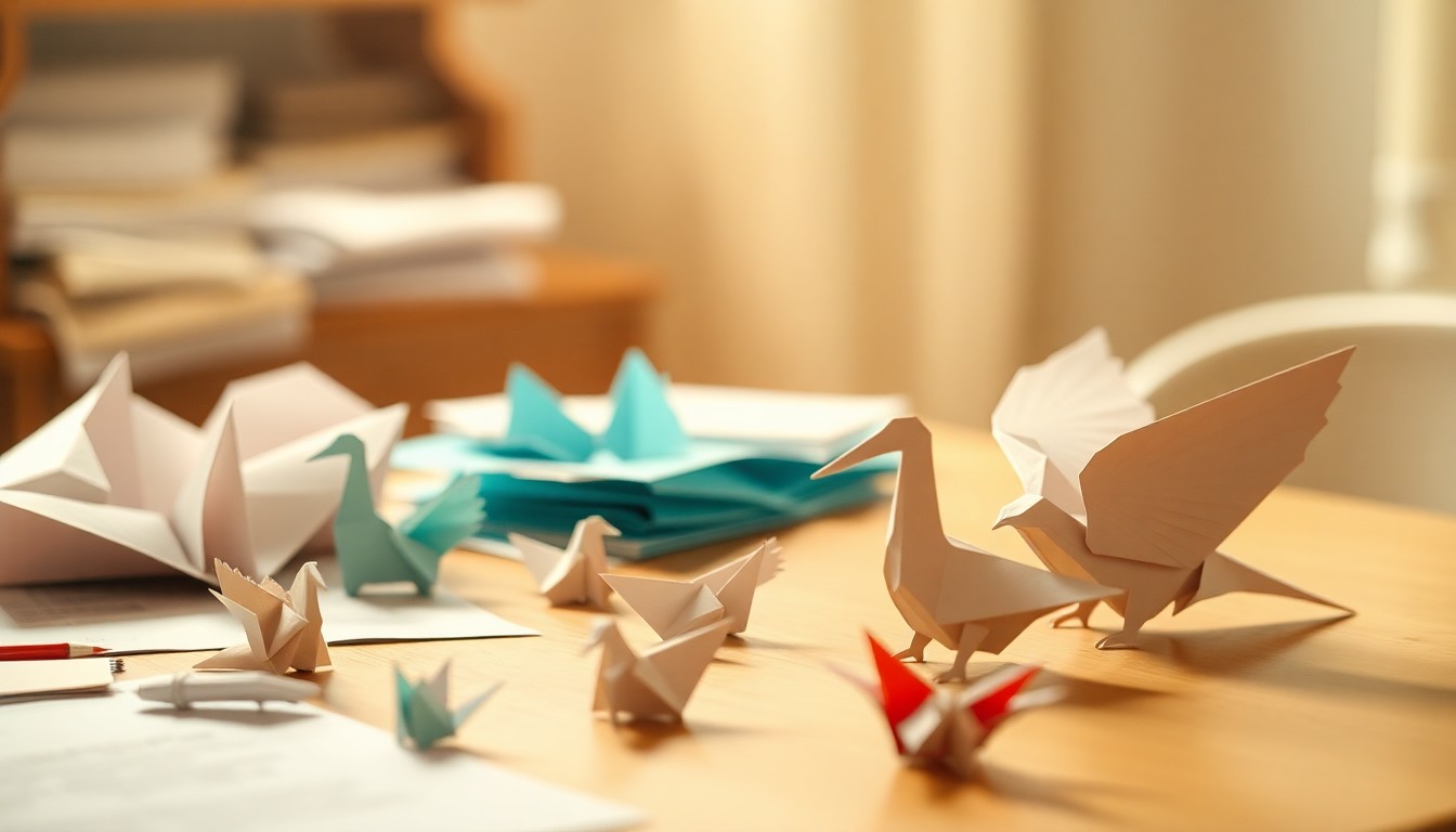 An abstract, out-of-focus photograph showing a table with various paper folding supplies and partially completed paper bird sculptures, conveying the soft, artistic atmosphere of the workshop.