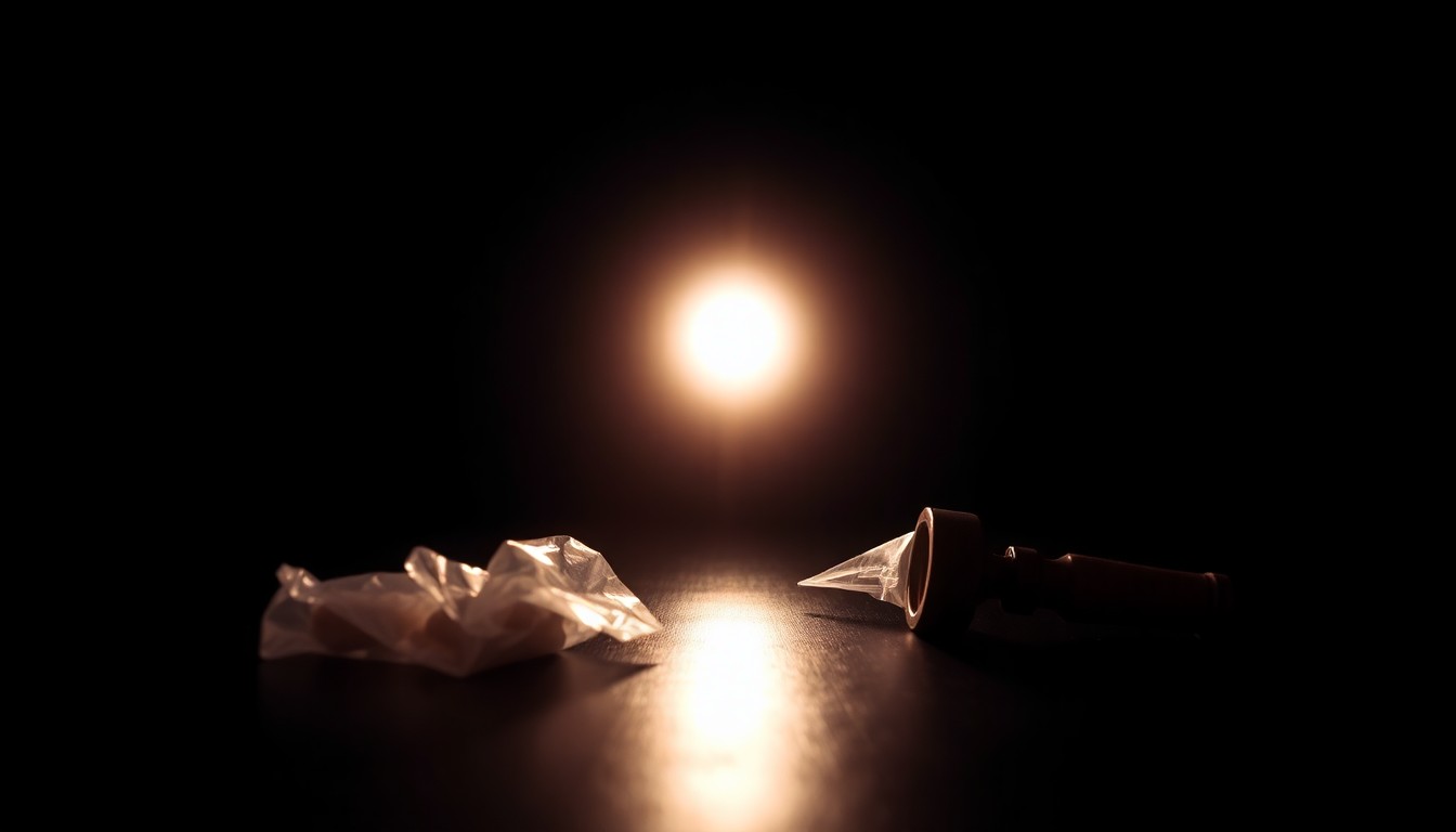 An extreme close-up photograph of a small plastic bag or drug pipe, sharply lit by a harsh camera flash against a dark background, conveying a sense of the gritty reality of drug possession cases.
