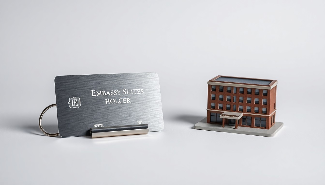 A photorealistic studio still life featuring a hotel key card, keycard holder, and miniature model of a hotel, arranged elegantly on a clean background to symbolize the business aspects of a hotel acquisition.