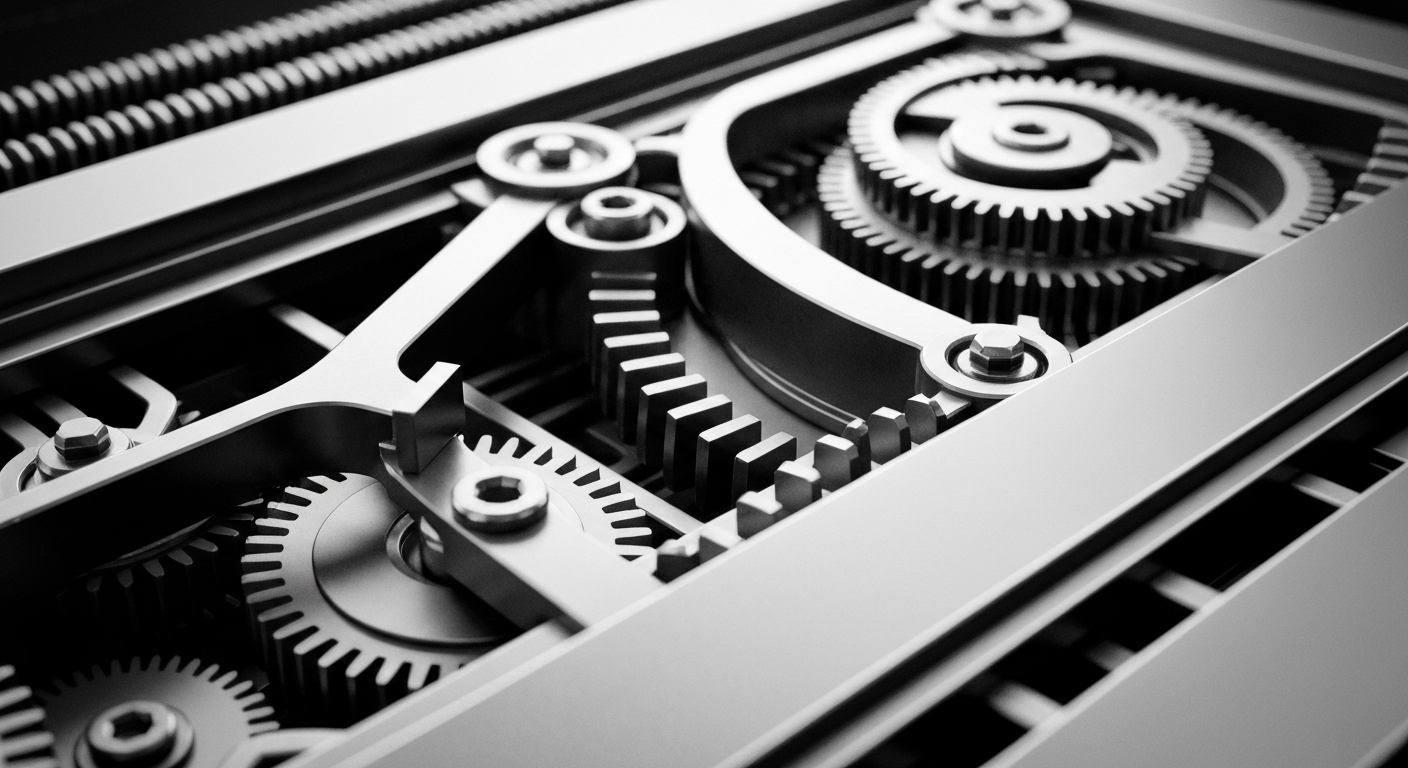A high-contrast black and white close-up image of the gears, cogs, and internal mechanisms of a financial trading platform, representing the complex infrastructure powering modern markets.