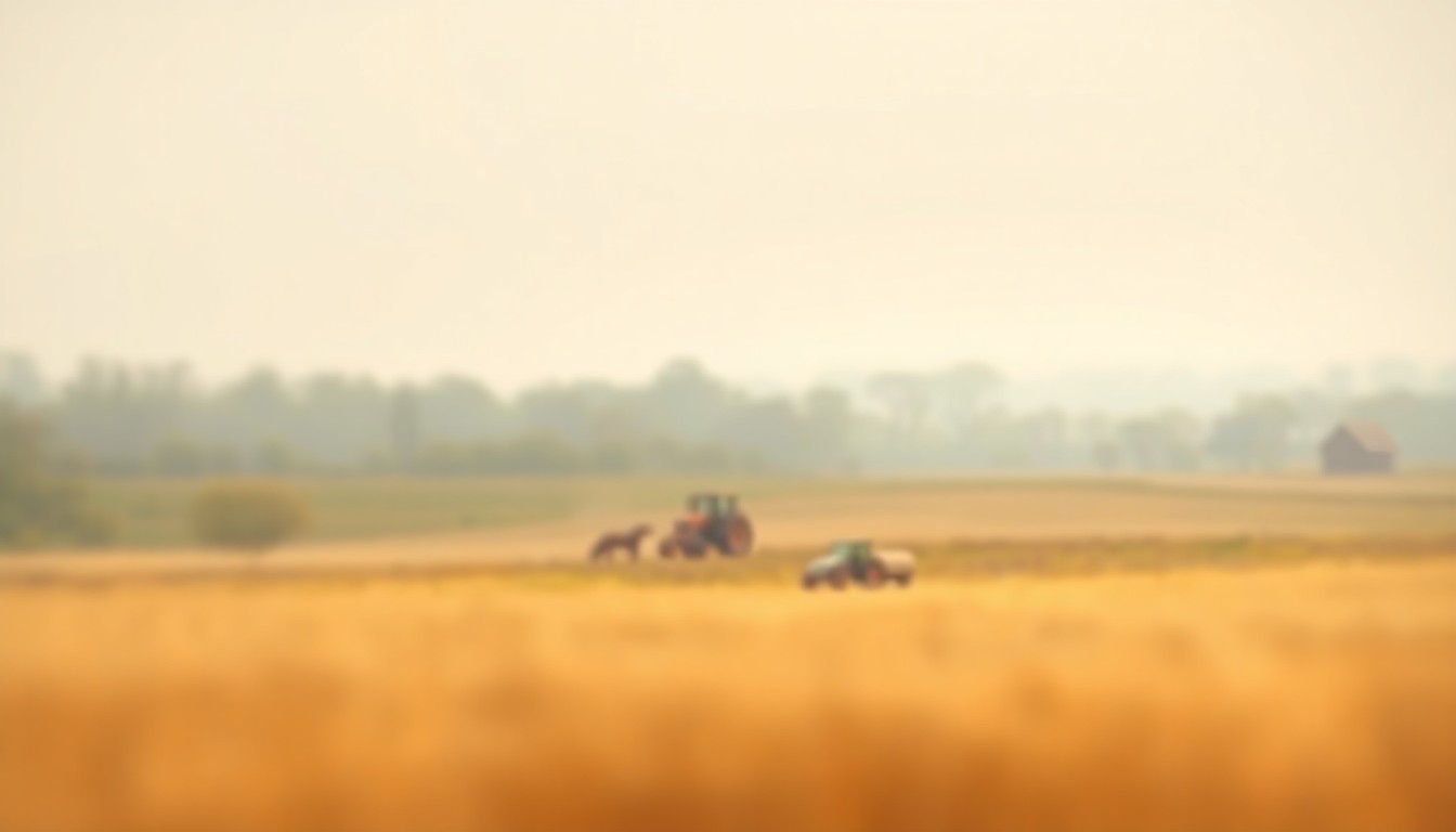 An extremely abstracted, out-of-focus photograph of a peaceful rural landscape in muted shades of brown, orange, and green, conveying a sense of tranquility and the simple joys of country living.