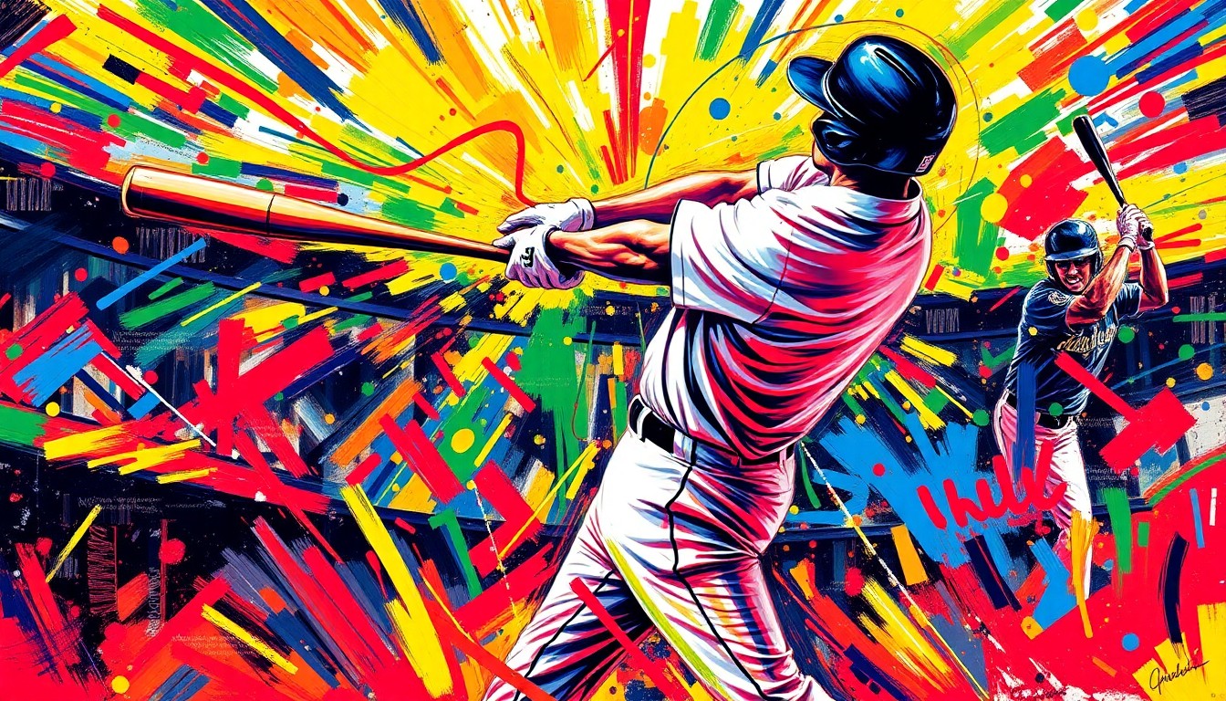 An extreme close-up of a baseball player's bat making contact with a pitch, the impact captured in a burst of vibrant, neon-colored brushstrokes that convey the raw power and explosive energy of the swing.