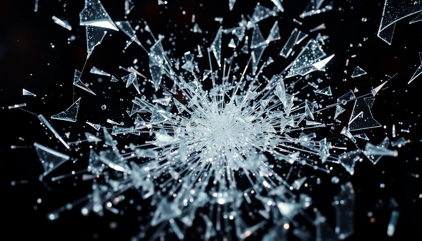 An extreme close-up photograph of shattered glass and glittering shards, capturing the high-contrast, high-fashion glamour of the entertainment industry while conceptually representing the violence and disruption of the shooting incident.