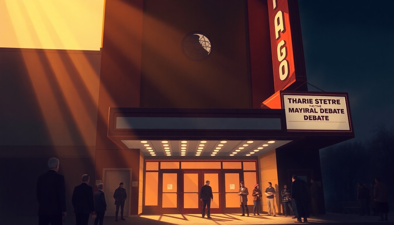 A serene, cinematic painting of the Fargo Theatre's exterior, with a small crowd of people gathered outside the entrance, conveying the anticipation and civic engagement surrounding the upcoming mayoral debate.