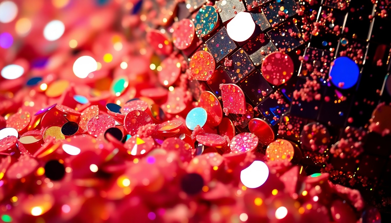 An abstract close-up photograph featuring a dazzling array of shimmering sequins and glittering disco ball fragments, conceptually representing the vibrant, celebratory energy of Jimmy Buffett's Parrothead culture.