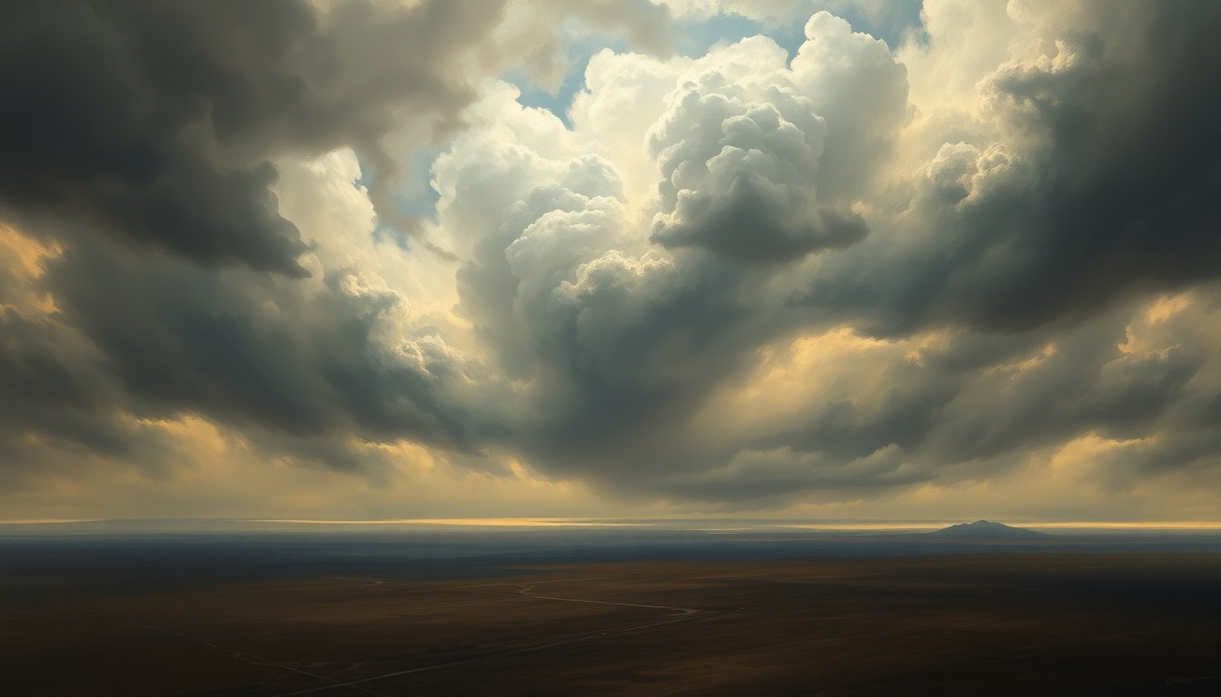 A sweeping, atmospheric landscape painting in muted tones of gray, blue, and green, with a turbulent, swirling sky dominating the frame and dwarfing the small, indistinct structures below.