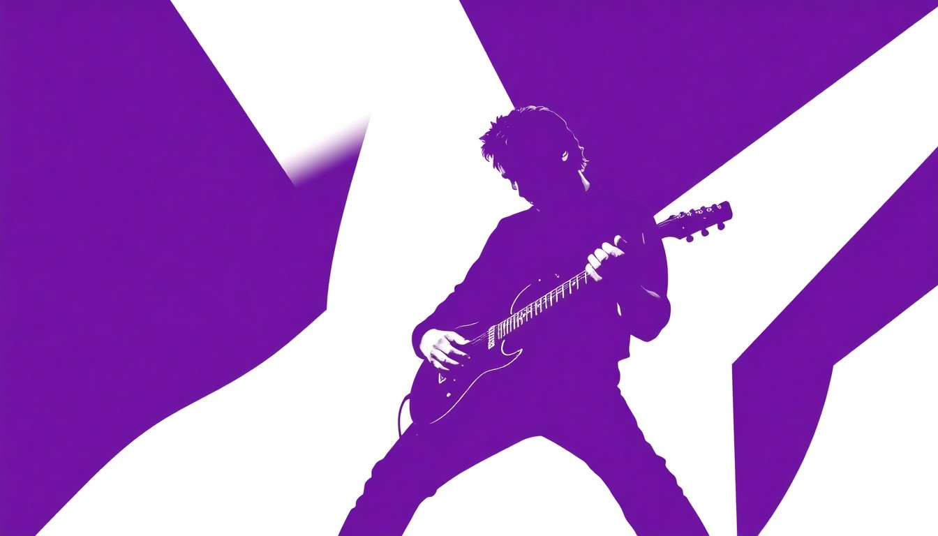 An abstract, minimalist illustration using bold, jagged shapes in deep purple, black, and bright white to represent the energy and drama of Bruce Springsteen's live performance of Prince's 'Purple Rain'.