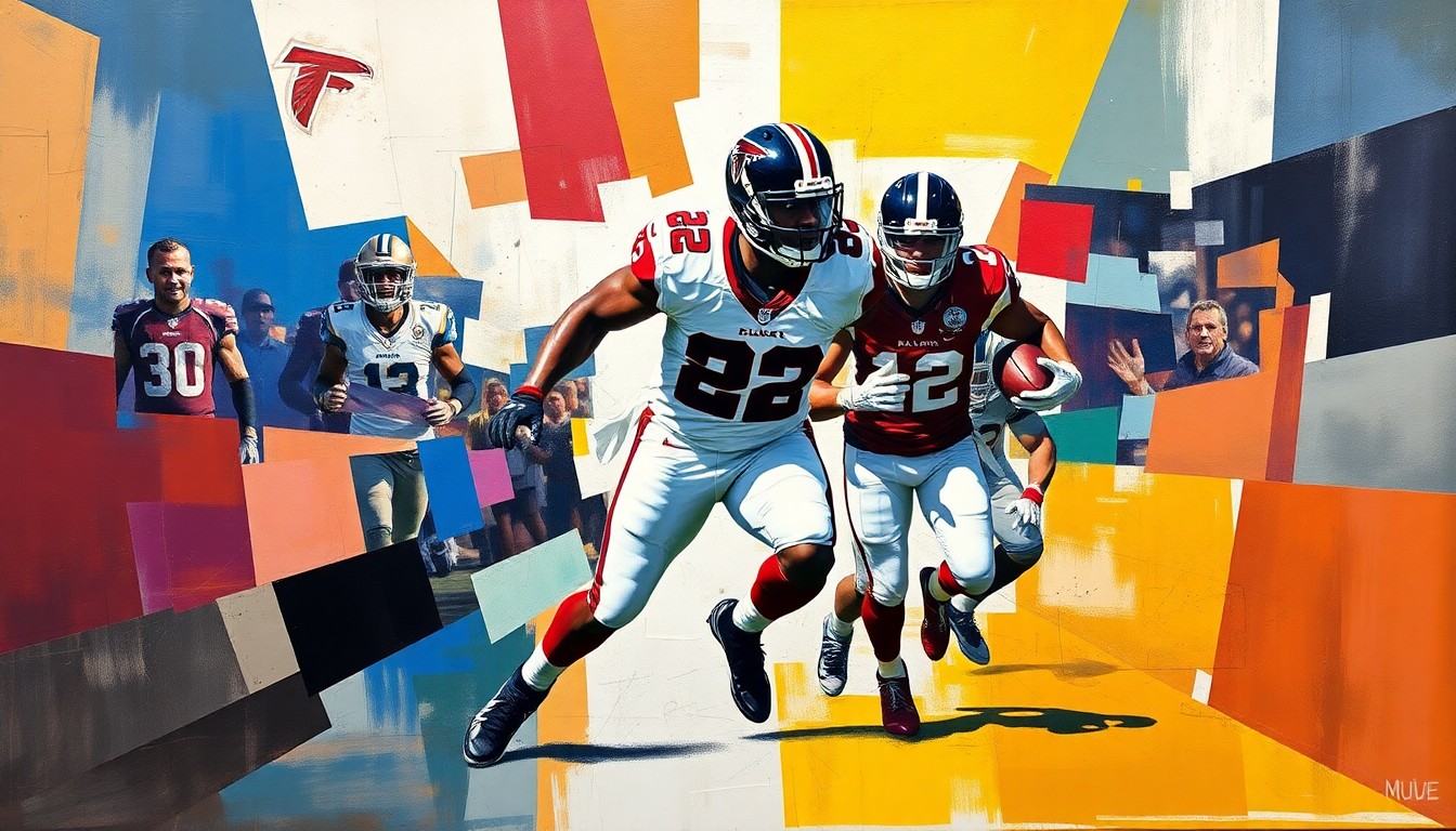 A cubist, geometric illustration depicting the powerful running style and impact of Atlanta Falcons running back Bijan Robinson, with overlapping planes and shapes representing his explosive movements and contributions to the team.