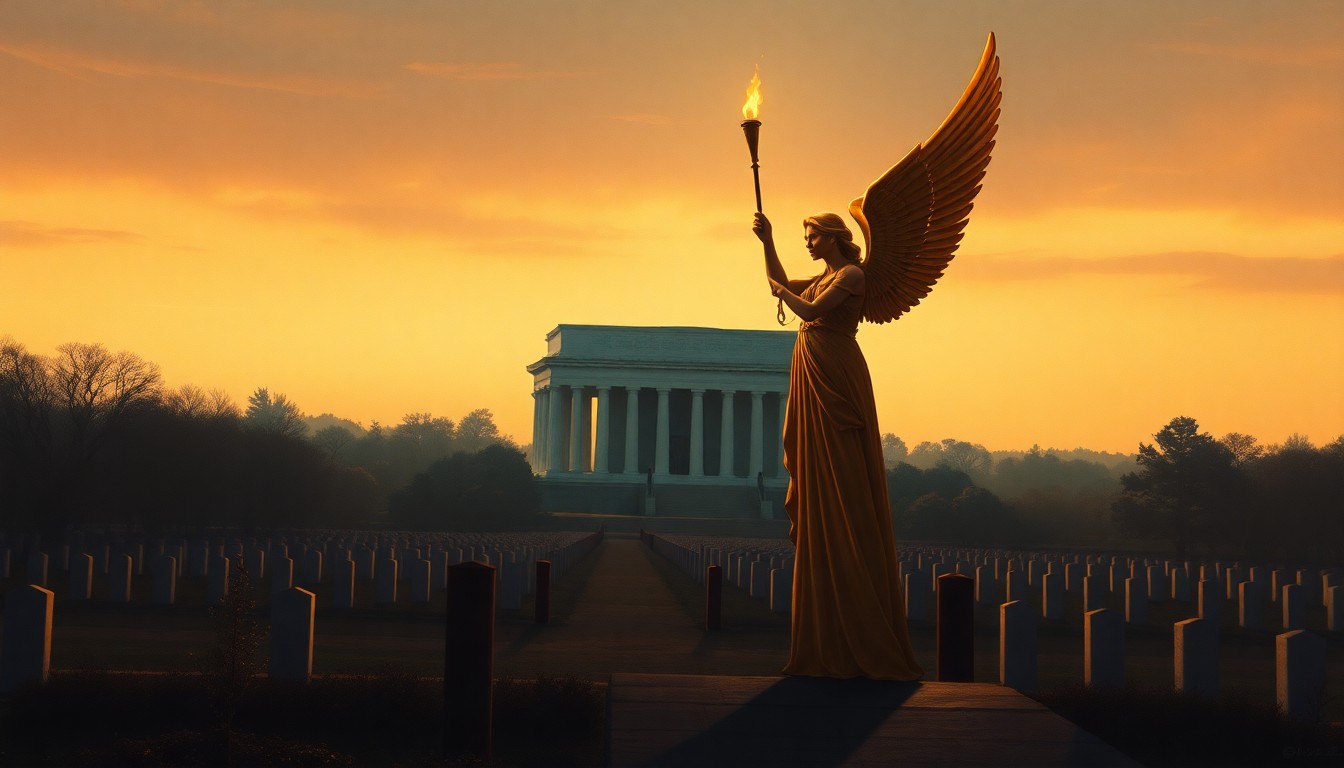 A serene, cinematic painting depicting a towering, gilded winged figure holding a torch, standing in a traffic circle between the Lincoln Memorial and Arlington National Cemetery, with the figure and surrounding architecture bathed in warm, dramatic lighting and shadows.