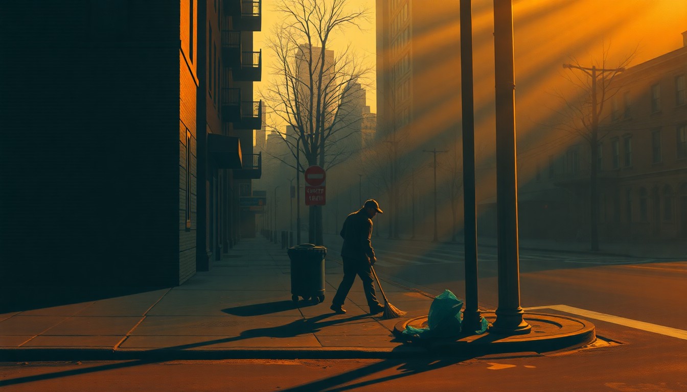 A cinematic painting depicting a lone sanitation worker sweeping up litter on a Bronx street corner, with warm sunlight and deep shadows creating a nostalgic, contemplative mood.