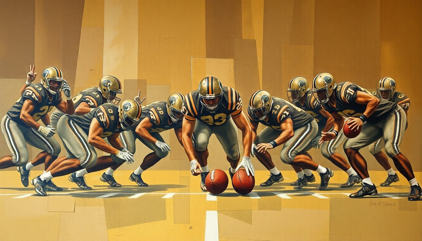 A cubist, geometric illustration depicting an offensive line in overlapping, fragmented planes of muted earth tones, conveying the complexity and importance of the left tackle position.