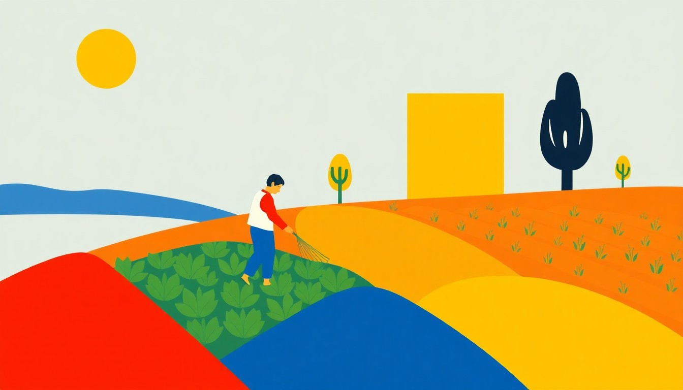 A minimalist, abstract illustration using bold geometric shapes and primary colors to represent the economic challenges faced by California farmworkers, including low wages, high cost of living, and lack of access to healthcare.