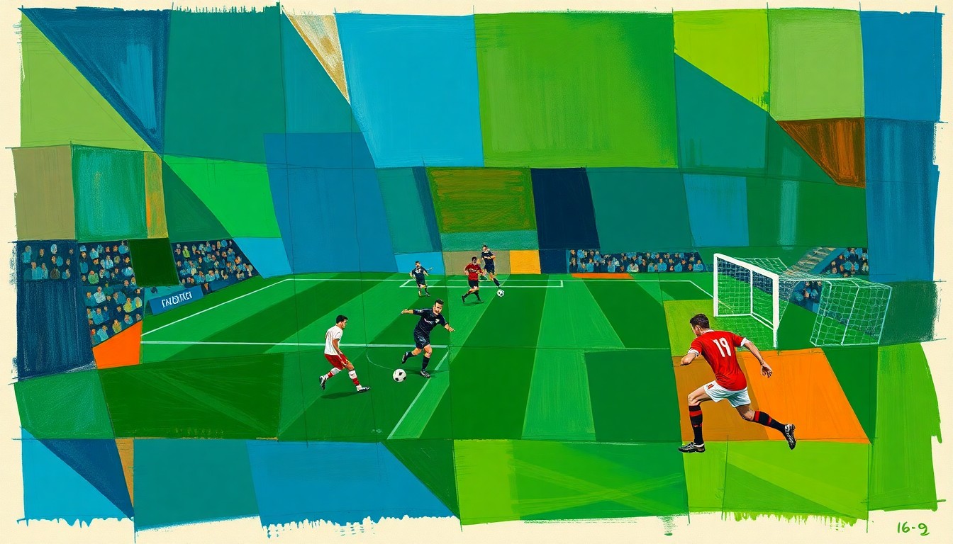 A cubist, geometric painting depicting a fragmented soccer match, with overlapping planes of color representing the various officials and perspectives involved in overseeing the game.